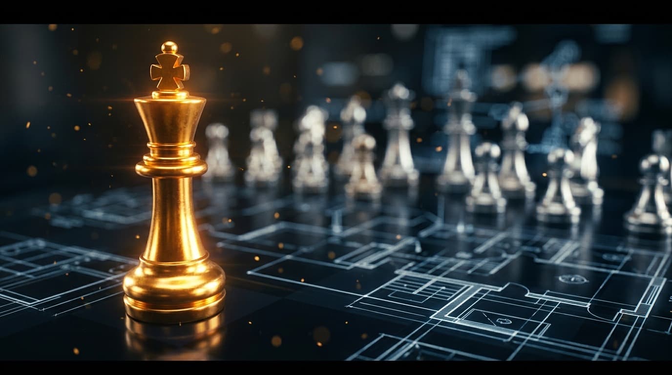 Cinematic golden chess king piece on a strategic blueprint surface with silver pieces in soft focus behind it