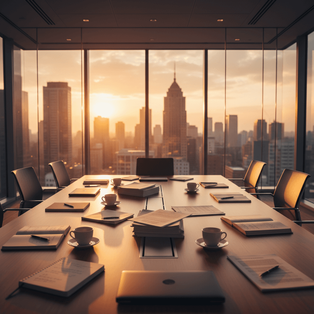 Modern glass conference room at golden hour with city skyline and strategic planning materials on the table