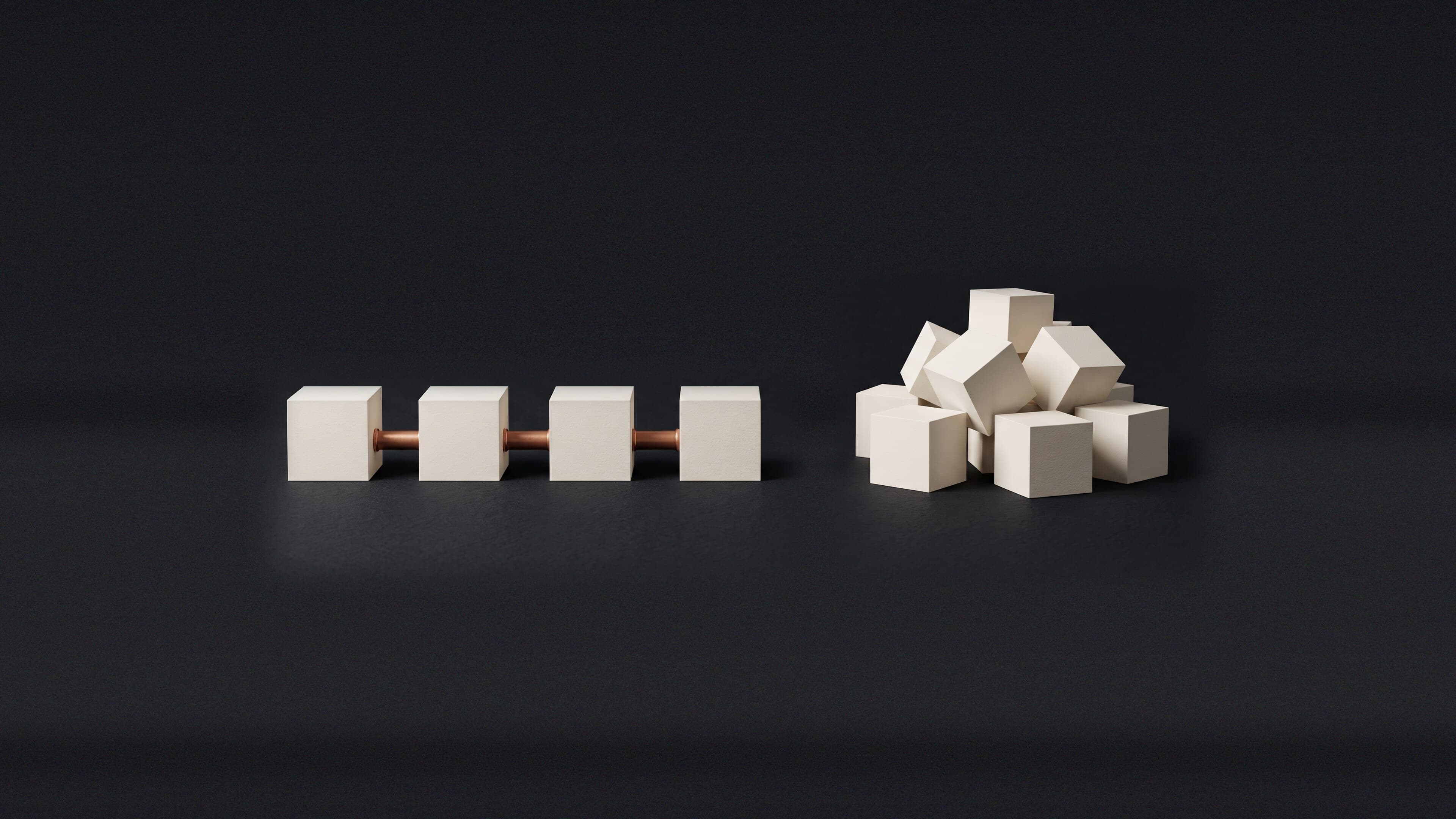Four cream paper cubes connected in a line by a copper pipe, beside a disordered pile of identical cream cubes on a dark charcoal field, representing an AI marketing workflow versus a pile of disconnected tools.