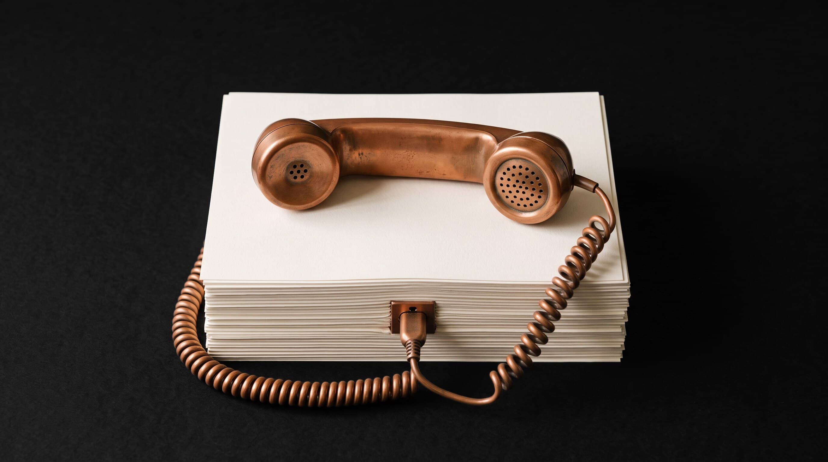 A copper telephone handset resting on a stack of blank cream research documents, its coiled cord plugged into a jack set into the side of the stack, on a dark charcoal field, representing buyer research as the new first sales call.